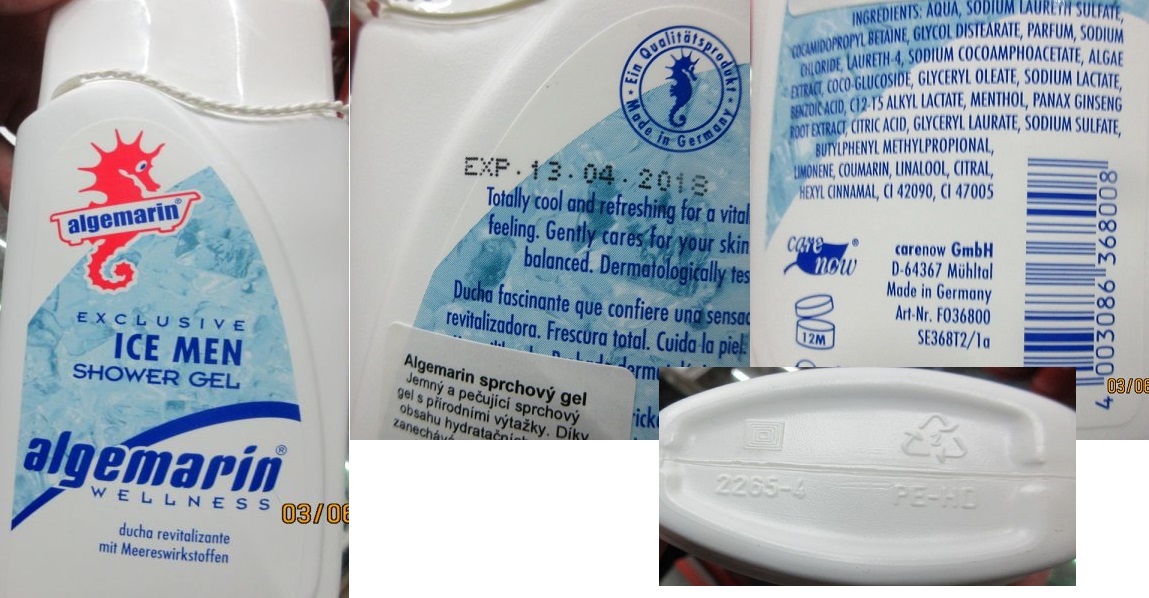 Nebezpečný výrobek -  algemarin® WELLNESS, EXCLUSIVE ICE MEN, SHOWER GEL číslo šarže/ sp. do: F036800,SE368T2/1a, EXP.13.04.2018, 2265-4 