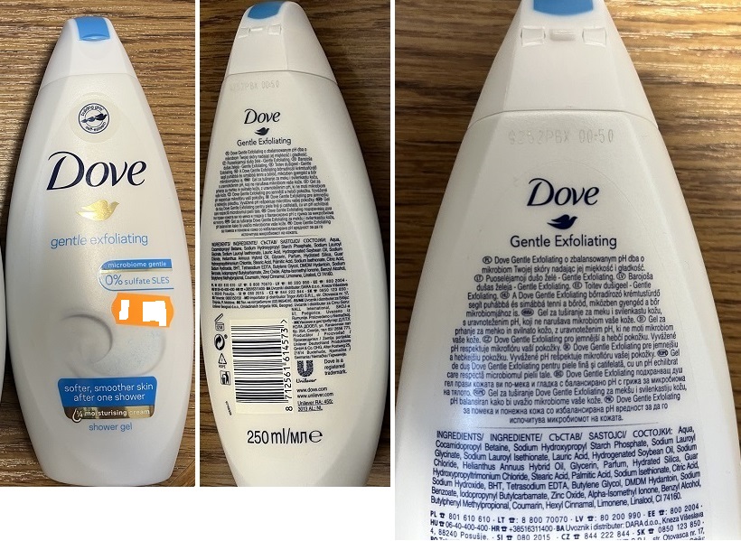 Nebezpečný výrobek - Dove, shower gel, gentle exfoliating číslo šarže/ sp. do: 9252PBX 00:50, 67706309