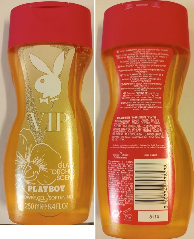 VIP PLAYBOY, GLAM ORCHID SCENT, SHOWER GEL – SOFTENING číslo šarže/ sp. do: 8116, 8337 EAN: 3607348578238