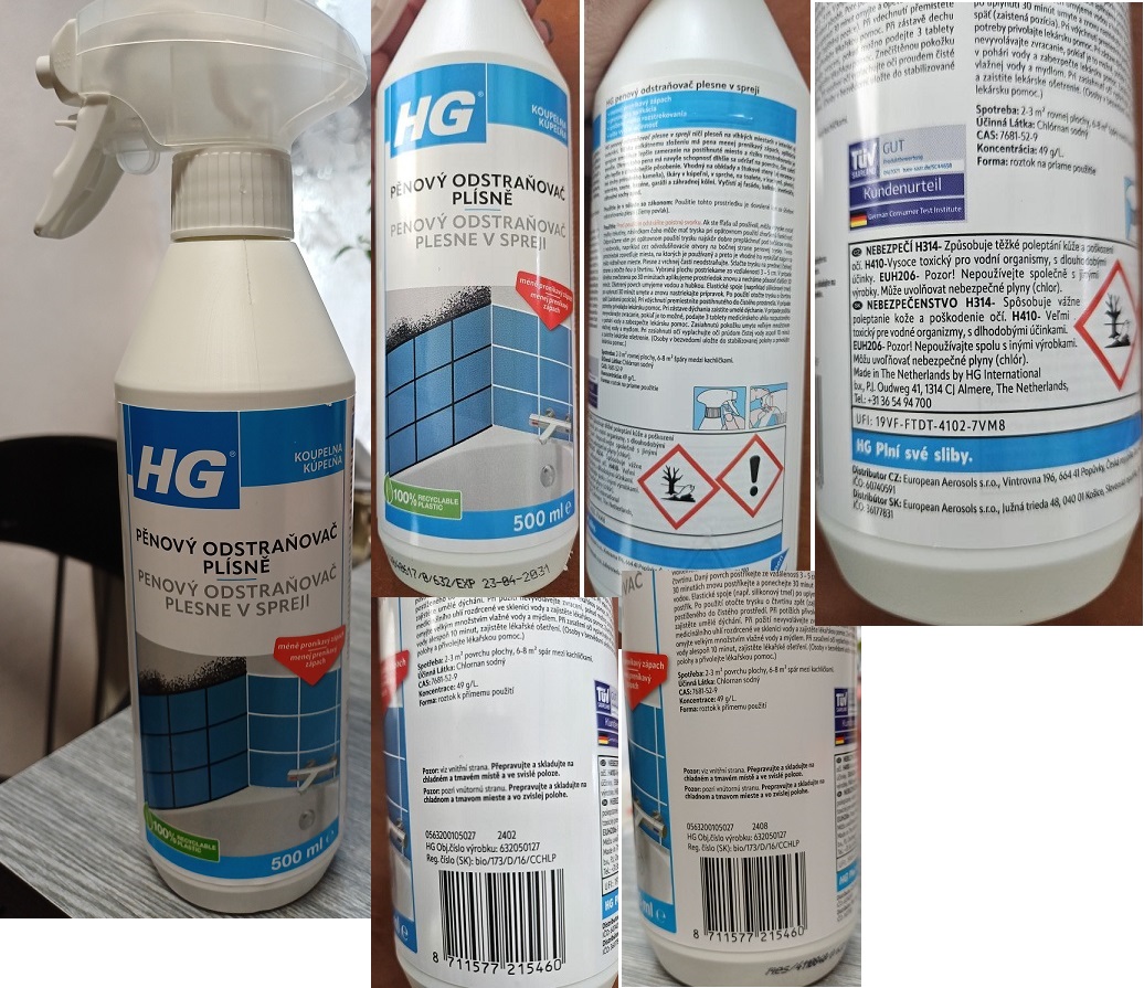 HG, Pěnový odstraňovač plísně číslo šarže: 2402, 2408
