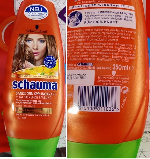 Schwarzkopf, schauma SANDDORN SPRUNGKRAFT VITALISIERENDE SPÜLUNG číslo šarže/ sp. do: 0917367062, 2044983, 2044585 EAN: 4015100011036
