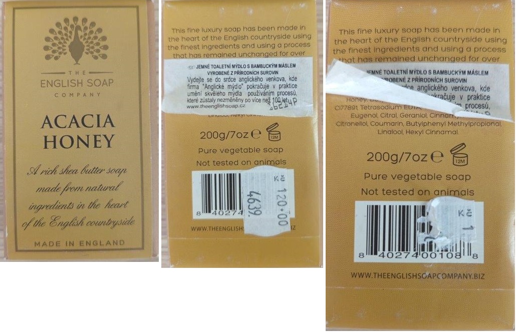 THE ENGLISH SOAP COMPANY, ACACIA HONEY číslo šarže/ sp. do/ český název: 16214P, 4639, JEMNÉ TOALETNÍ MÝDLO S BAMBUCKÝM MÁSLEM VYROBENÉ Z PŘÍRODNÍCH SUROVIN