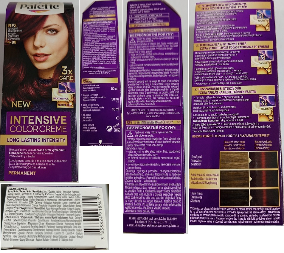 Schwarzkopf, Palette, INTENSIVE COLOR CREME, LONG-LASTING INTENSITY, RF3 INTENZIVNÍ TMAVĚ ČERVENÝ 4-88, 3x CARE