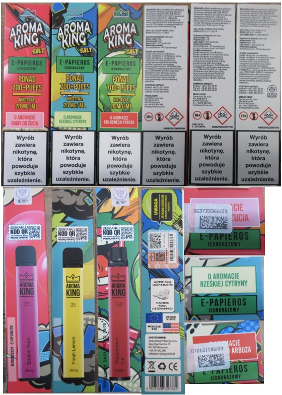 jednorázové elektronické cigarety zn. AROMA KING SALT, PONAD 700+PUFFS, NIKOTYNA 20 mg/ml, v příchutích: 1) GUMA DO ŻUCIA, 2) RZEŚKA CYTRYNA, 3) CHŁODNY ARBUZ