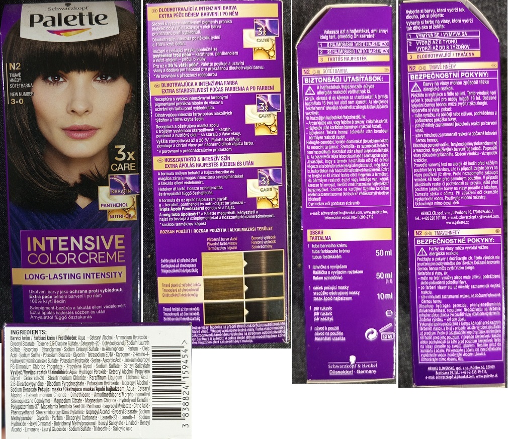 Schwarzkopf, Palette, INTENSIVE COLOR CREME, N2 TMAVĚ HNĚDÝ 3-0 číslo šarže/ sp. do: 0816402520 (nedostatečná čitelnost)