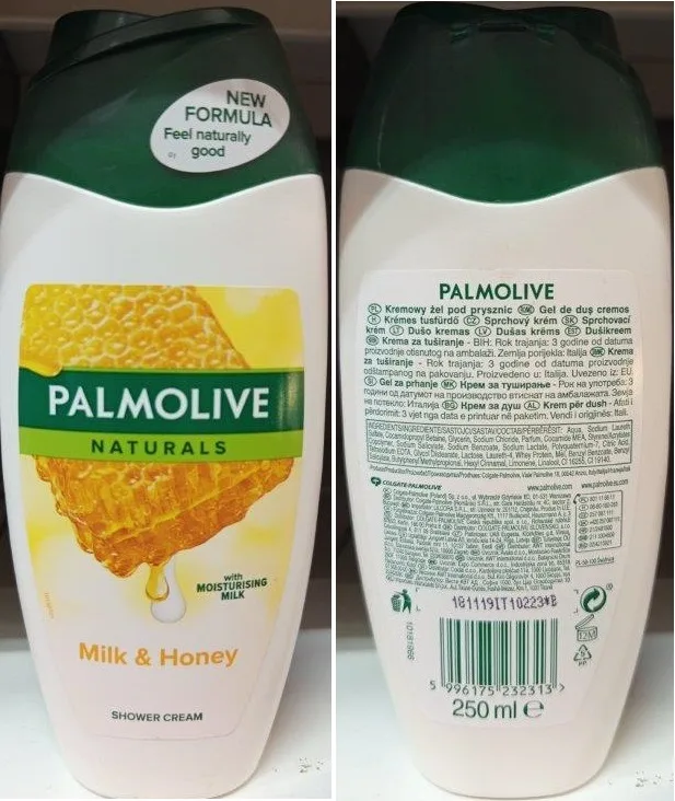 Nebezpečný výrobek - PALMOLIVE NATURALS, Milk & Honey, SHOWER CREAM číslo šarže/ sp. do: 181119IT10223*B, 10181966 1 27102025OBR Palmolive Naturals