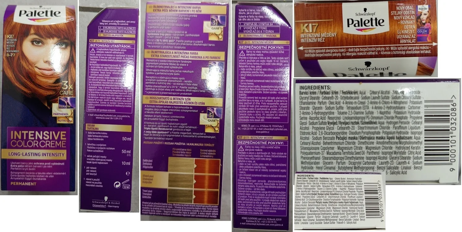 Nebezpečný výrobek - Schwarzkopf, Palette, INTENSIVE COLOR CREME, LONG-LASTING INTENSITY, KI7 INTENZIVNÍ MĚDĚNÝ 8-77, 3x CARE 1 14112025OBR